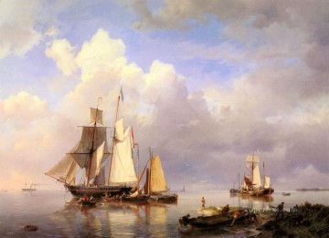 Hermanus Koekkoek Snr Painting - Vessels At Anchor In Estuary With Fisherman Hermanus Snr Koekkoek seascape boat